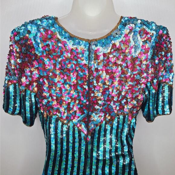 Vintage 80's La Scala Beaded Sequined Evening Dress Silk Party M Striped Glam - Picture 16 of 16